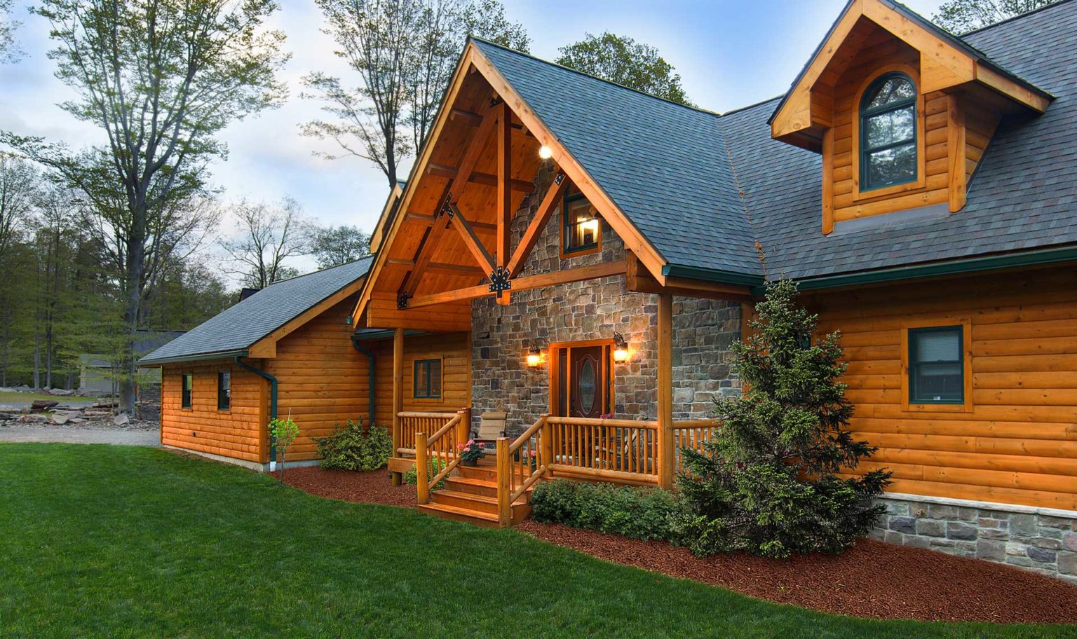 Gorgeous log home with stone inset doorframe, small front porch ...